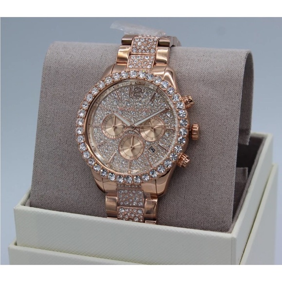 NEW AUTHENTIC MICHAEL KORS LAYTON ROSE GOLD CRYSTALS GLYTZ WOMEN'S MK7285 WATCH - Picture 1 of 4